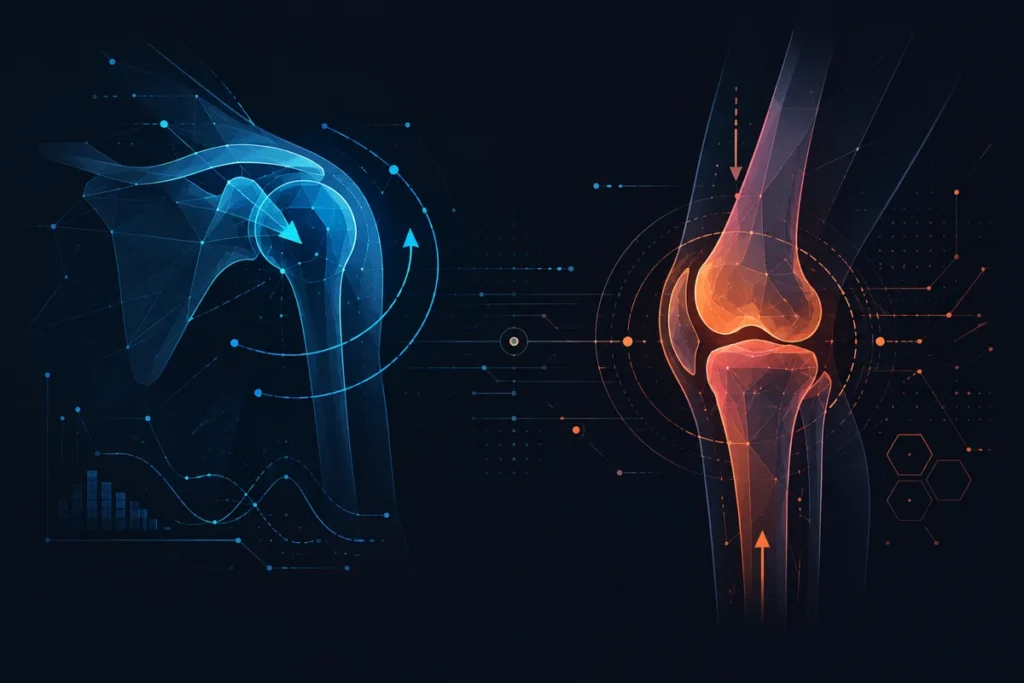 Anatomical illustration comparing a shoulder joint and a knee joint, showing the structures a joint-first program has to work around.