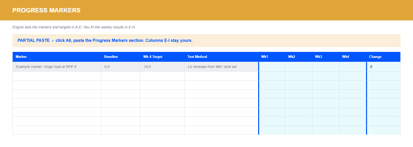 CoachNexus Client Workbook, Progress Markers sheet