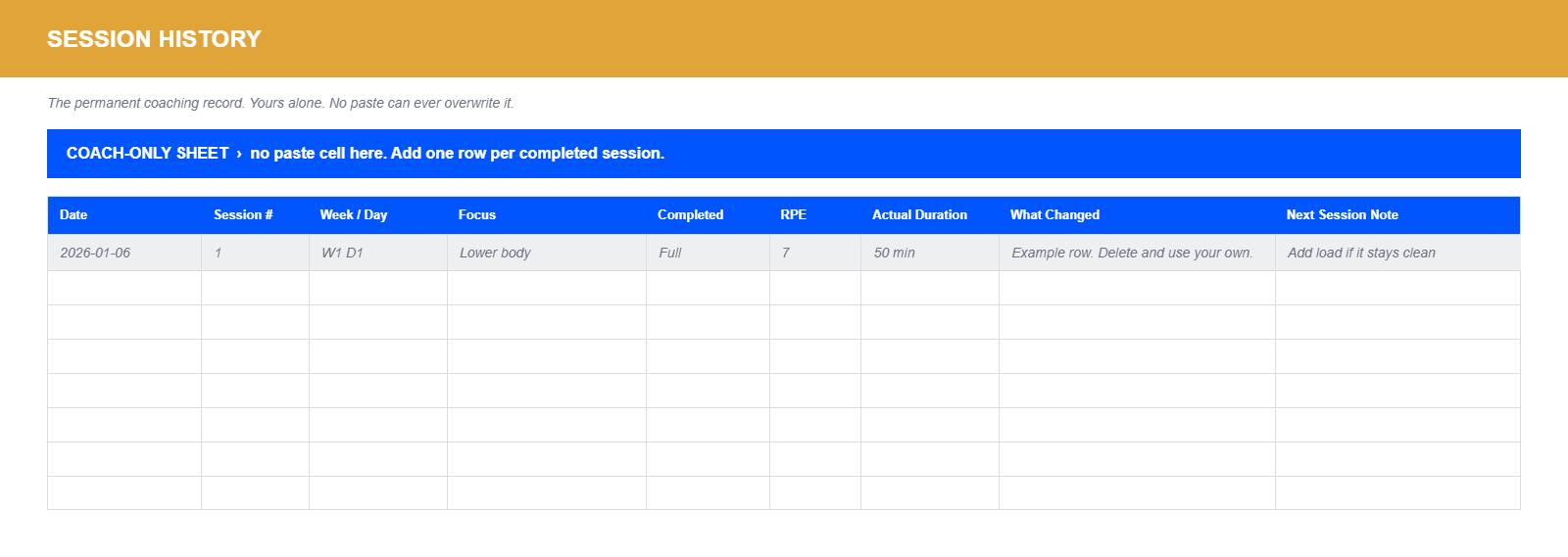CoachNexus Client Workbook, Session History sheet
